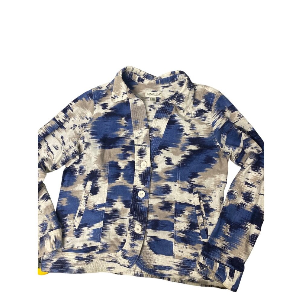 Coldwater Creek Womens Medium Blue & Beige Ikat Print Jacket Linen Office Wear